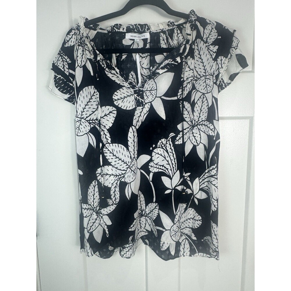 Rose Olive Floral Blouse L Black White Ruffles Flutter Sleeve Tie Boho NWT